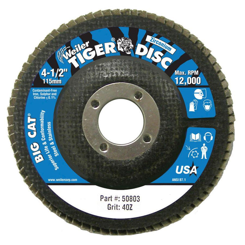 Weiler 50803 Big Cat 4-1/2" 40GR Premium High Density Flap Disc for Steel & Stainless (2/pack)-ShopWeldingSupplies.com