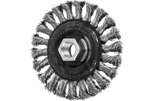 PFERD Full Cable Knot Wheel Brush 4" Dia. .020 Stainless Steel 5/8-11" Thread (82296)-ShopWeldingSupplies.com