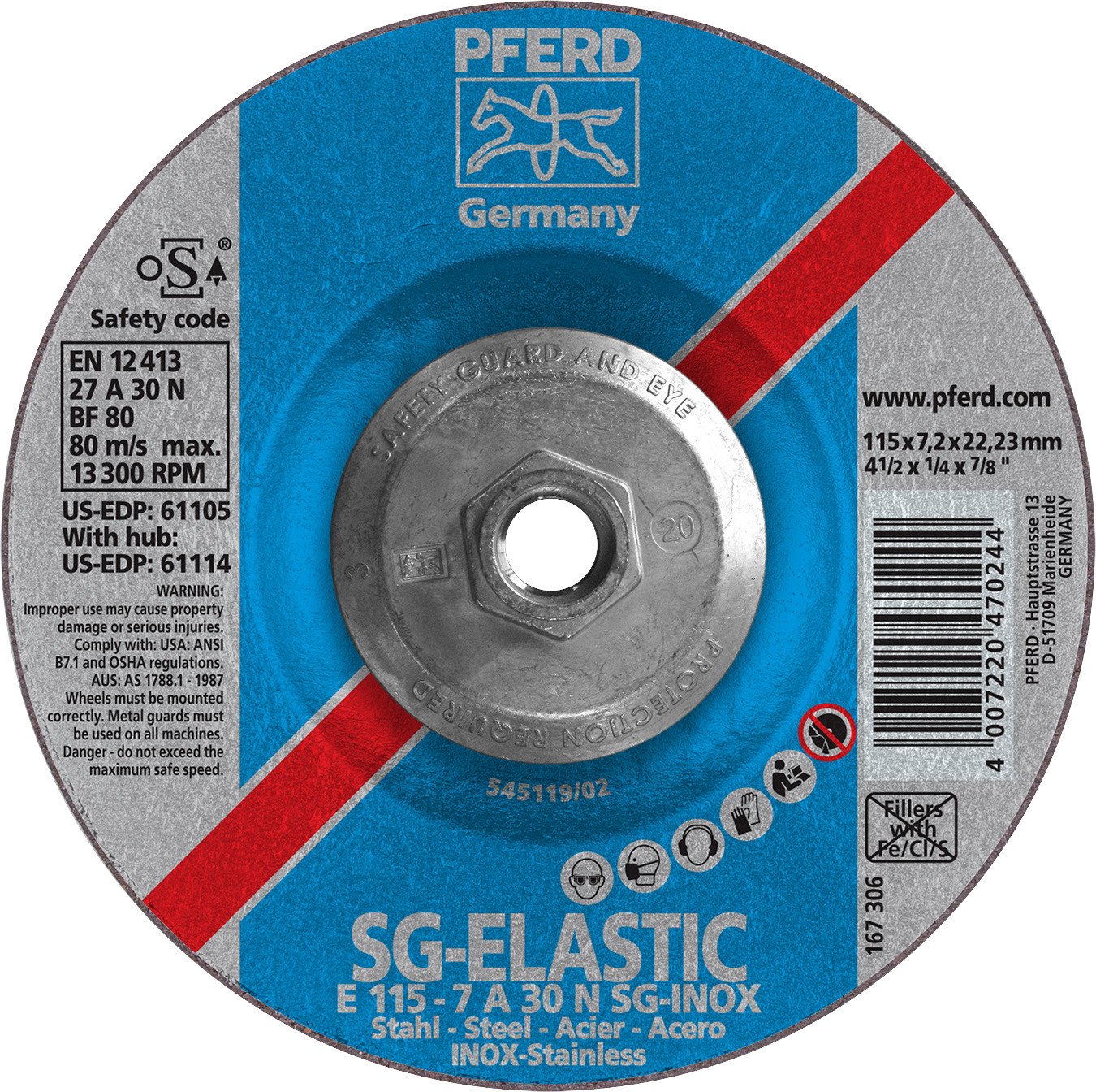 Pferd 61114 SG Elastic 4-1/2"x1/4"x5/8" 11 Thread Grinding Wheel (Package of 10)-ShopWeldingSupplies.com