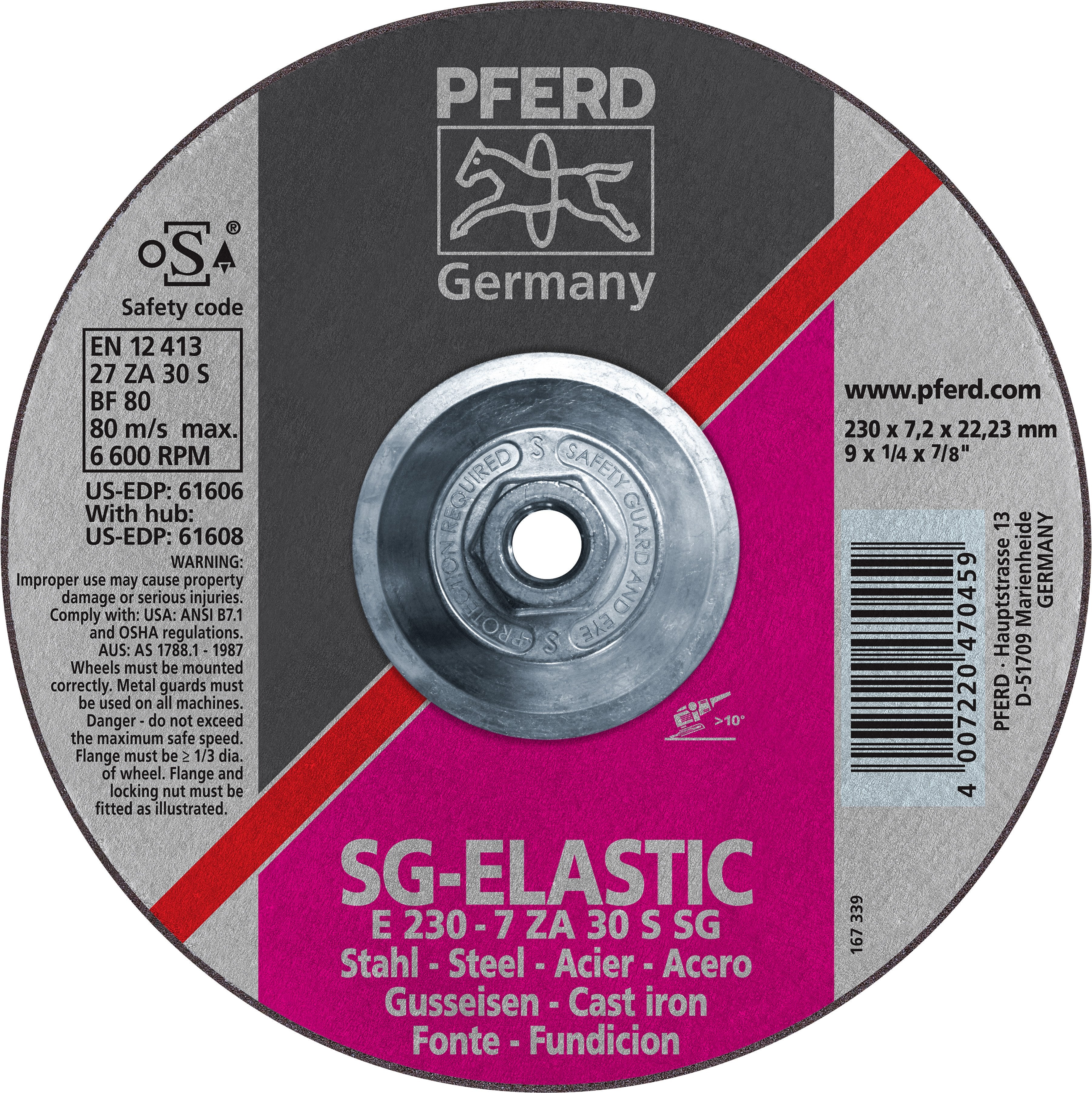 Pferd 61608 SG Elastic 9"x1/4"x5/8" 11 Thread Grinding Wheel (Package of 10)-ShopWeldingSupplies.com