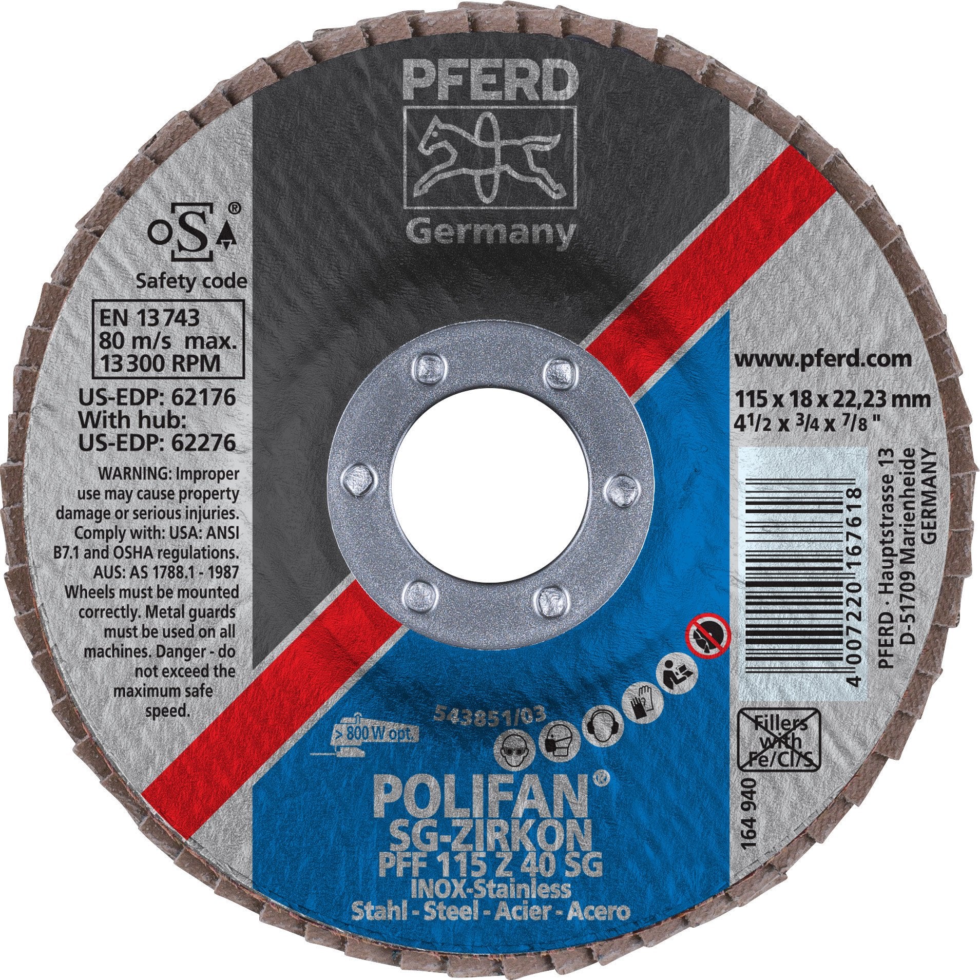 Pferd 62176 Polifan SG Zirkon 4-1/2"x7/8" Flap Disc 40GR (Package of 10)-ShopWeldingSupplies.com