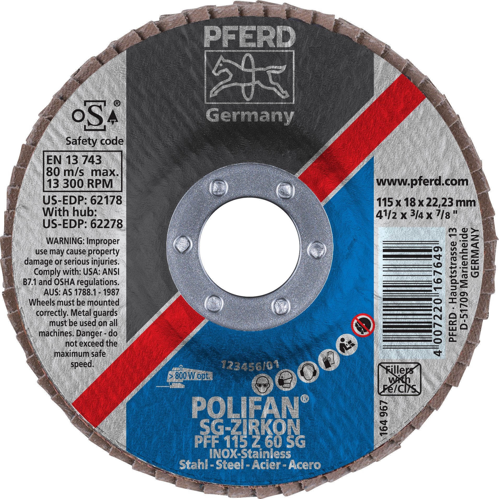 Pferd 62178 Polifan SG Zirkon 4-1/2"x7/8" Flap Disc 60GR (Package of 10)-ShopWeldingSupplies.com
