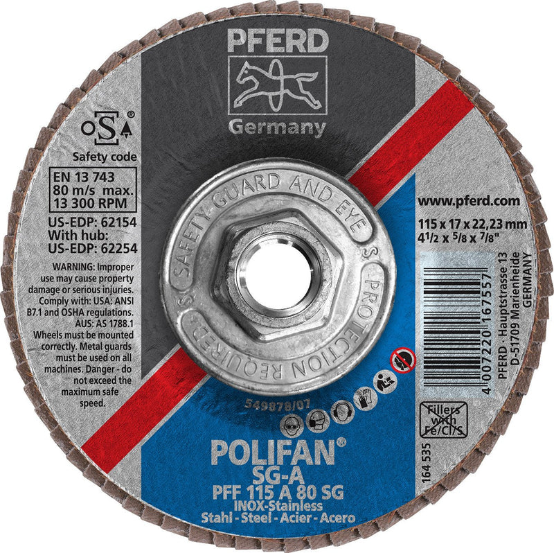 Pferd 62254 Polifan SG A 4-1/2"x5/8" 11 Thread Flap Disc 80GR (Package of 10)-ShopWeldingSupplies.com