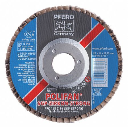 PFERD 62955 Flap Disc, Strong, 36 Grit, T29, 5"x7/8" (Package of 10)-ShopWeldingSupplies.com