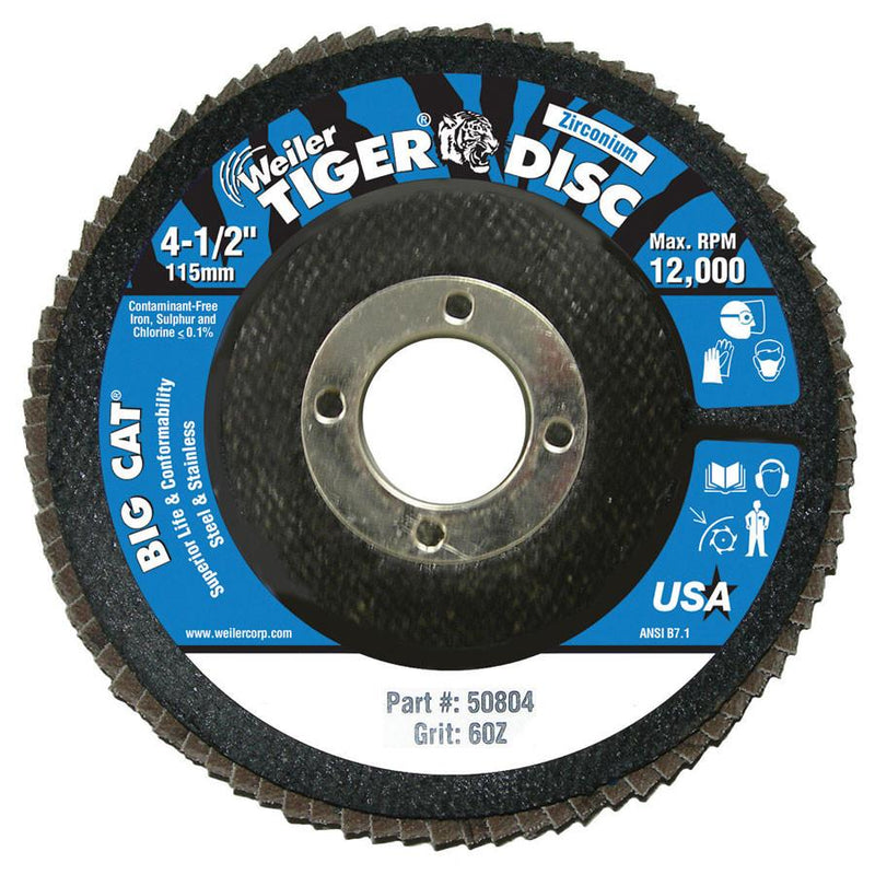 Weiler 50804 Big Cat 4-1/2" 60GR Premium High Density Flap Disc for Steel & Stainless (2/pack)-ShopWeldingSupplies.com